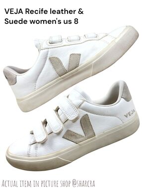 Veja women Recife sneaker low top white Tan leather Suede 3 strap Tennis shoe 8